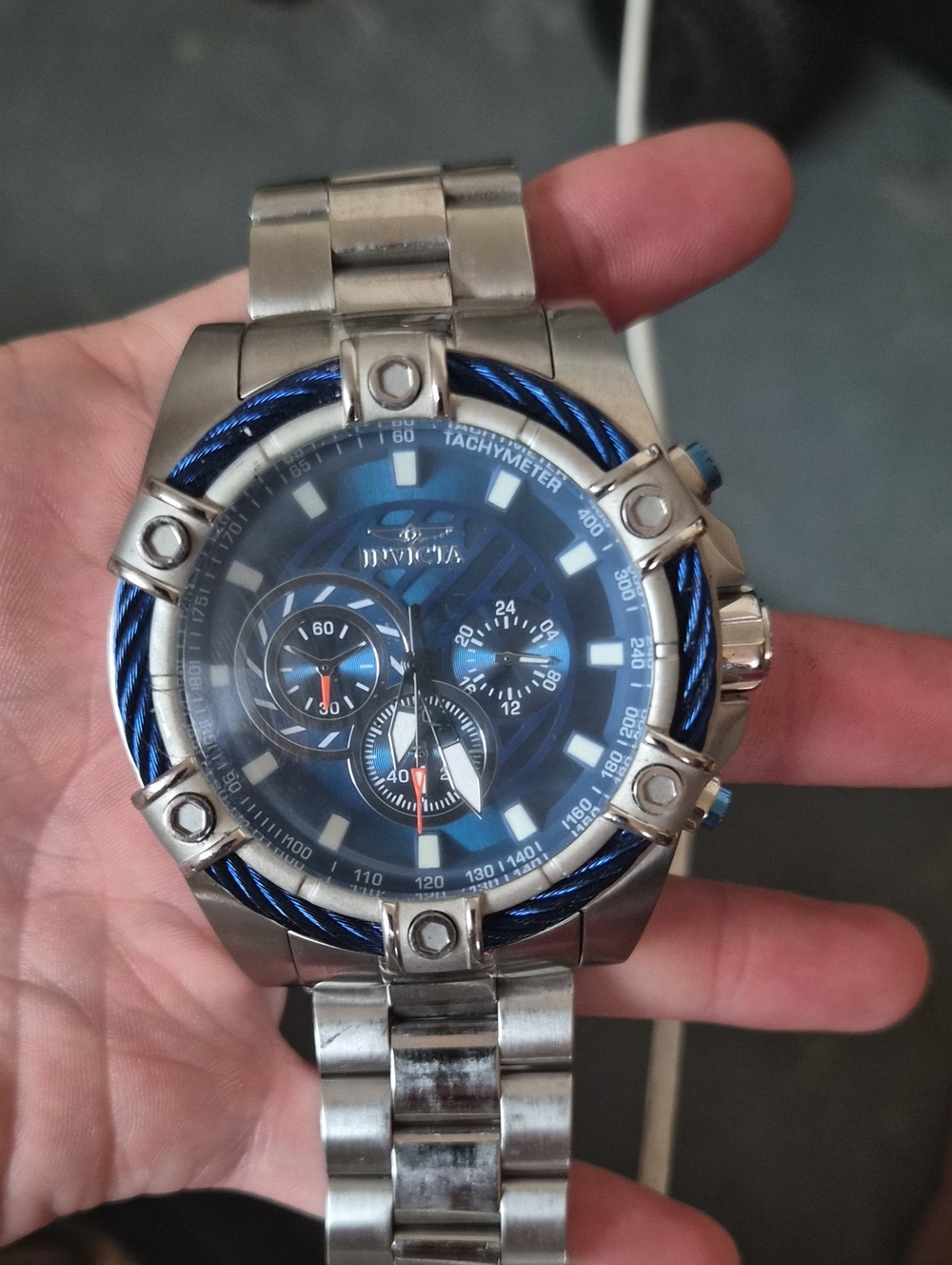 Invicta Men's Silver Watch with Blue Accents